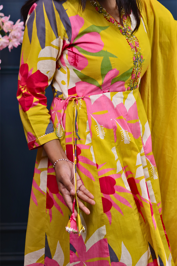 Tropical Bloom Yellow Anarkali Set with Hand Embroidered Neckline