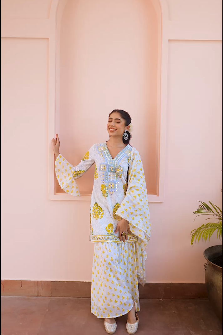 Yellow Floral Printed Cotton Suit Set with Mirror Embroidery