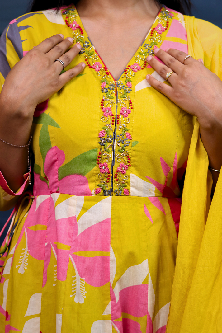 Tropical Bloom Yellow Anarkali Set with Hand Embroidered Neckline