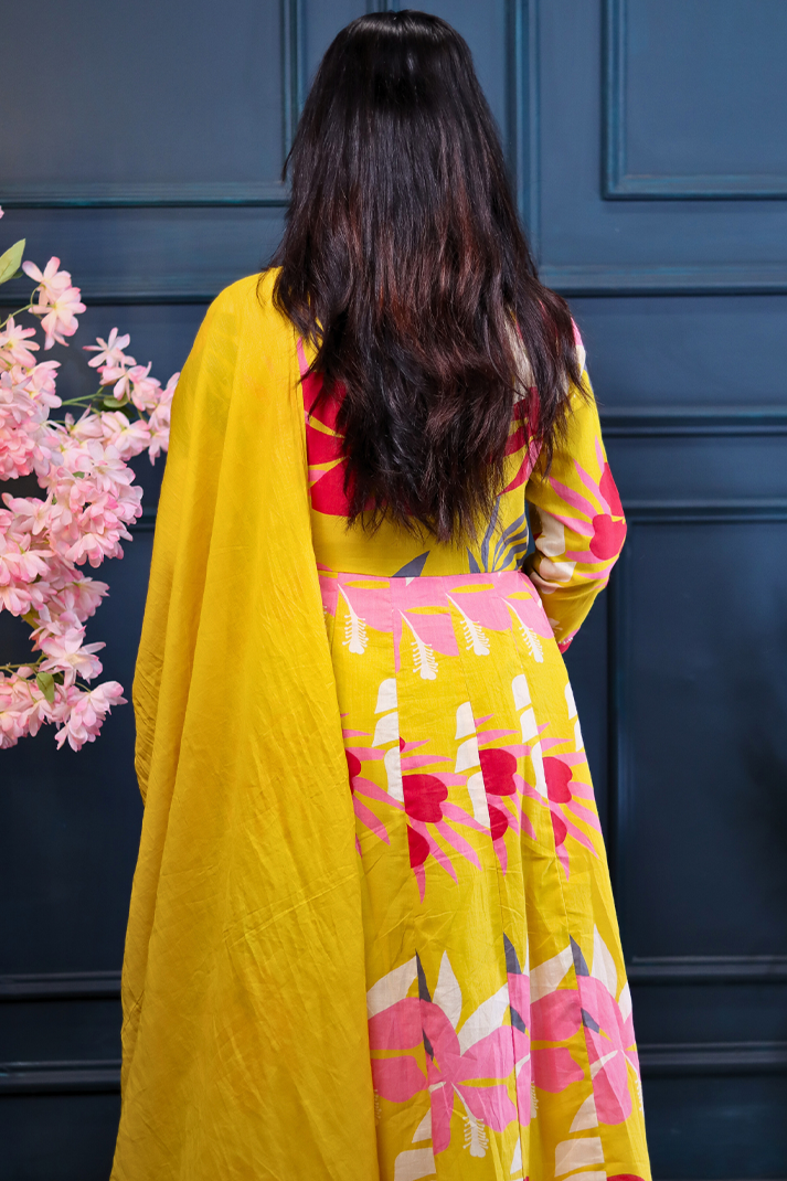 Tropical Bloom Yellow Anarkali Set with Hand Embroidered Neckline