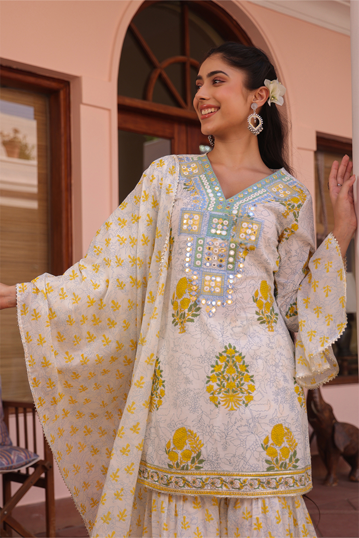 Yellow Floral Printed Cotton Suit Set with Mirror Embroidery