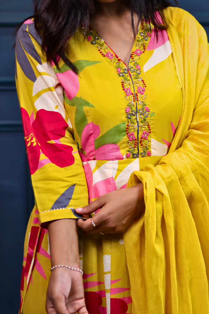 Tropical Bloom Yellow Anarkali Set with Hand Embroidered Neckline
