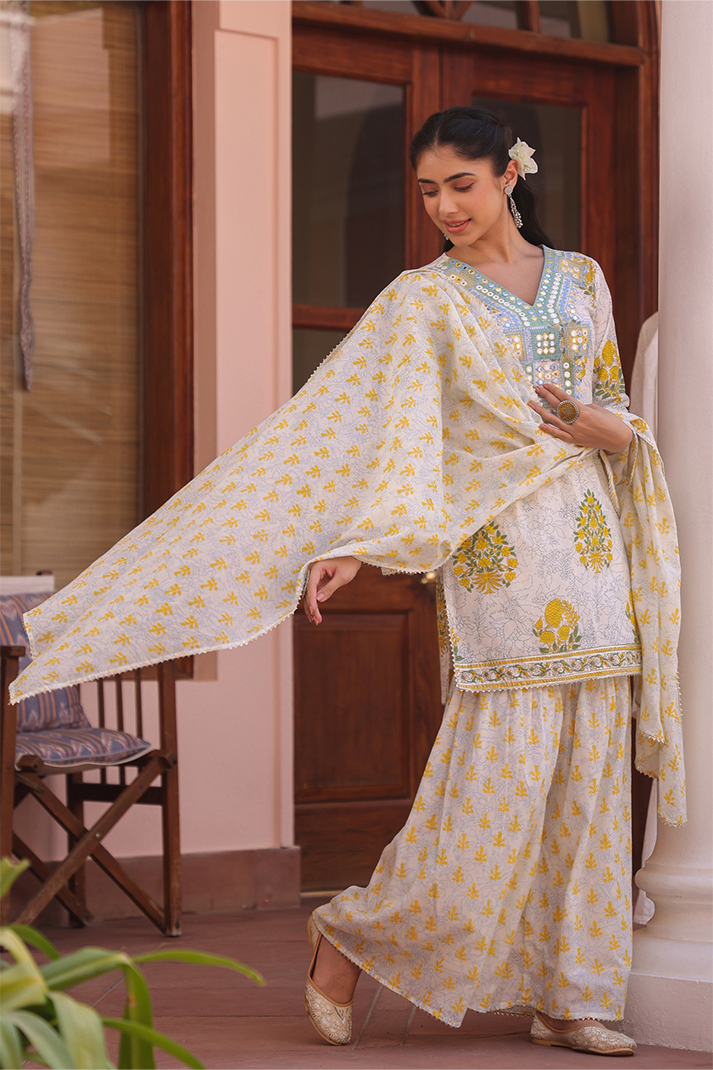 Yellow Floral Printed Cotton Suit Set with Mirror Embroidery