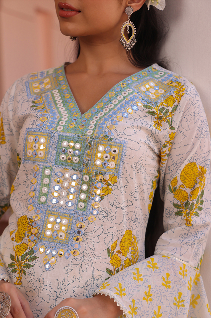 Yellow Floral Printed Cotton Suit Set with Mirror Embroidery