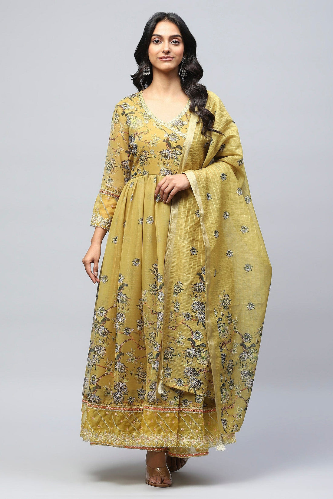 Yellow Angrakha Printed Suit Set for Women - Qurbat