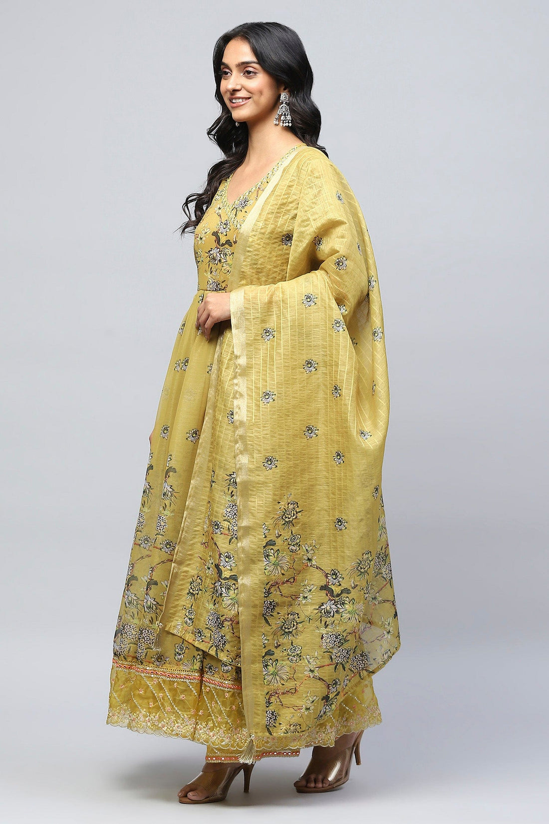 Yellow Angrakha Printed Suit Set for Women - Qurbat