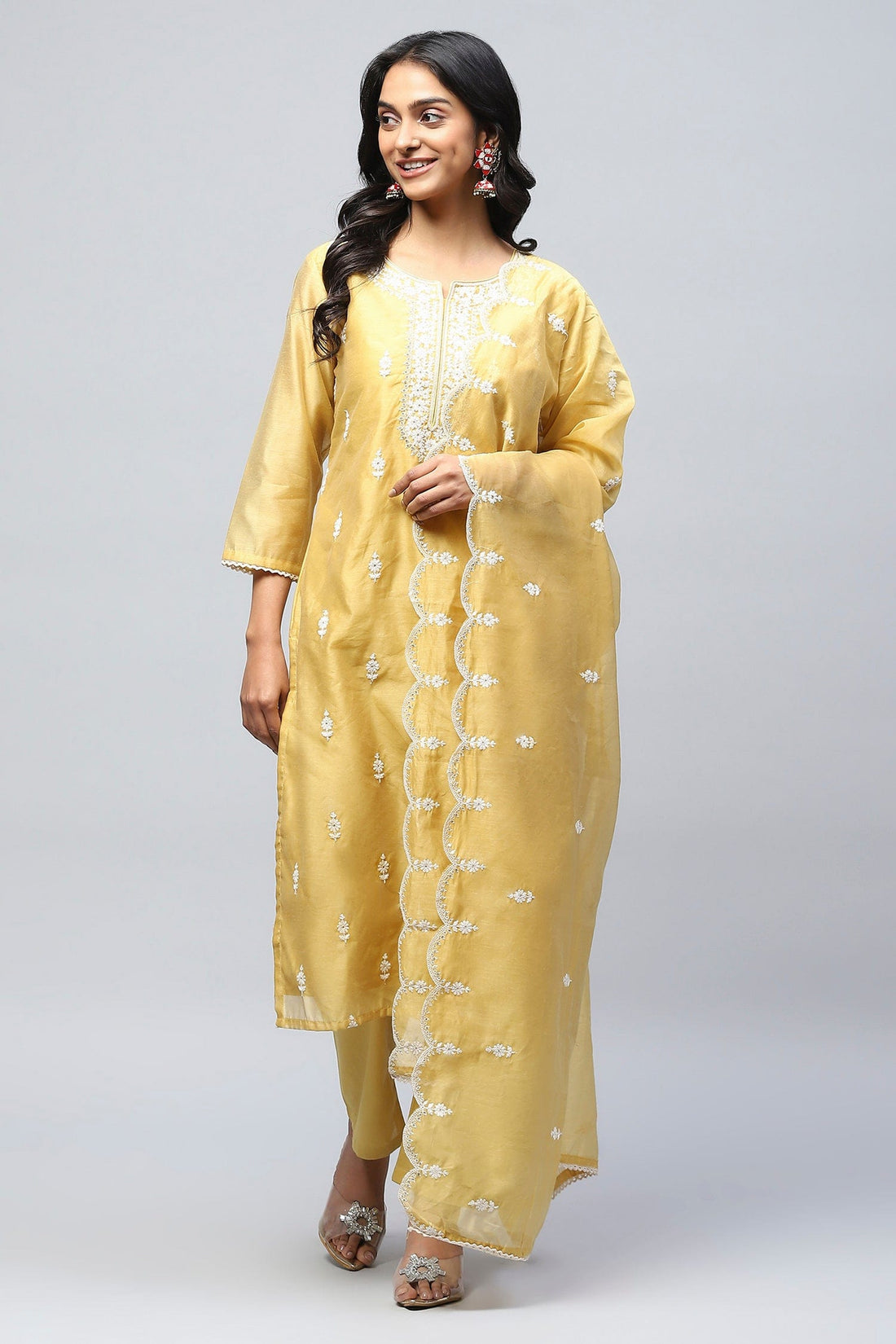 Yellow Embroidered Chanderi Suit Set for Women - Qurbat