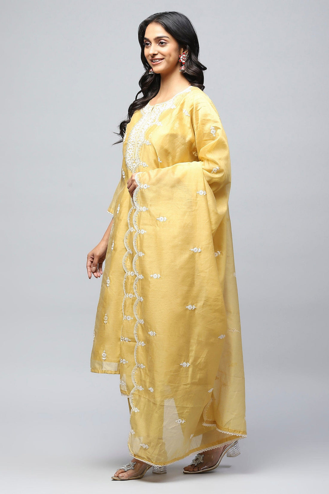 Yellow Embroidered Chanderi Suit Set for Women - Qurbat