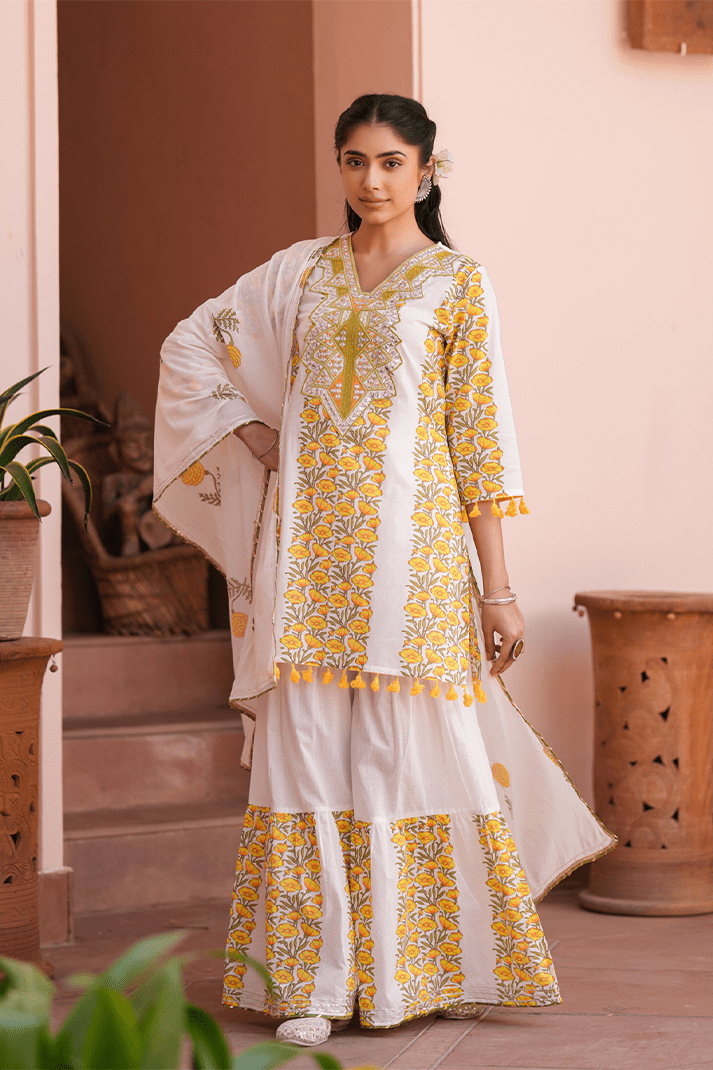 Yellow Floral Mirror Work Sharara Set - Qurbat
