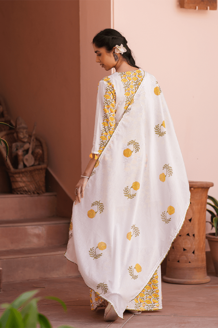 Yellow Floral Mirror Work Sharara Set - Qurbat