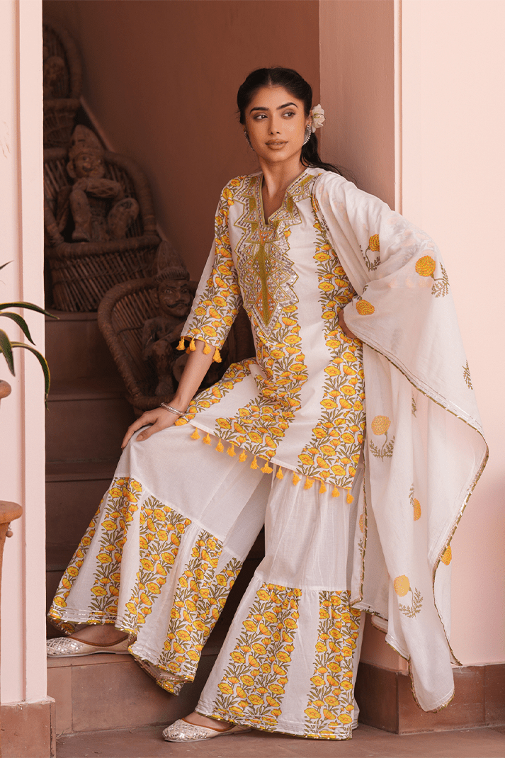Yellow Floral Mirror Work Sharara Set - Qurbat