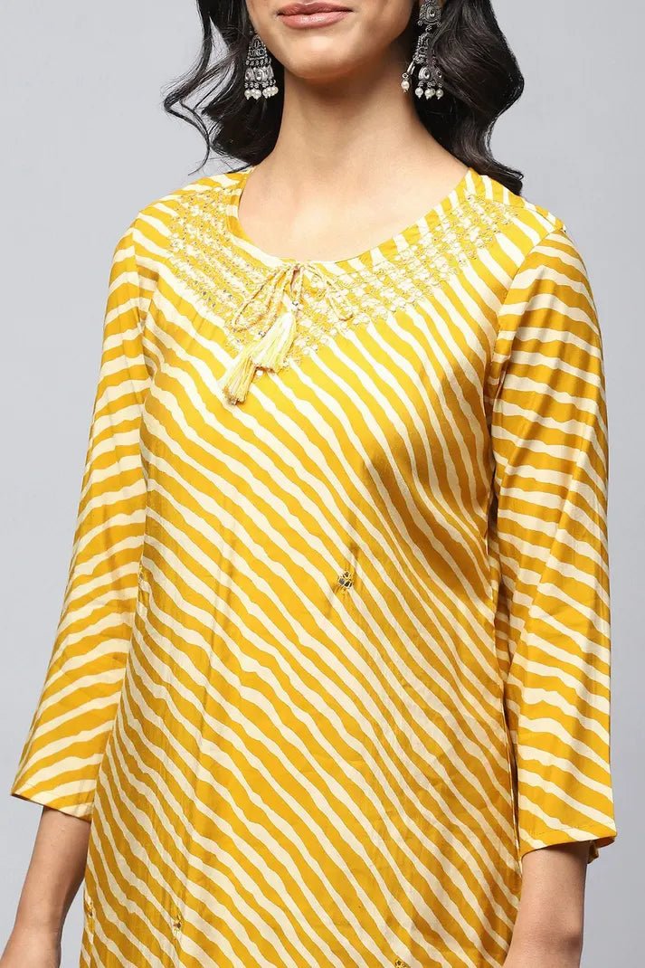 Yellow Leheriya Printed Suit Set for Women – Vibrant & Traditional - Qurbat
