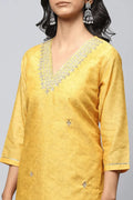 Yellow Printed Suit Set for Women with Hand Embroidery - Qurbat