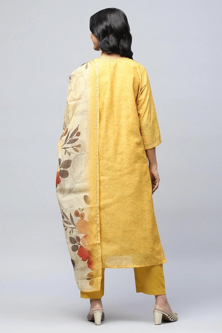 Yellow Printed Suit Set for Women with Hand Embroidery - Qurbat