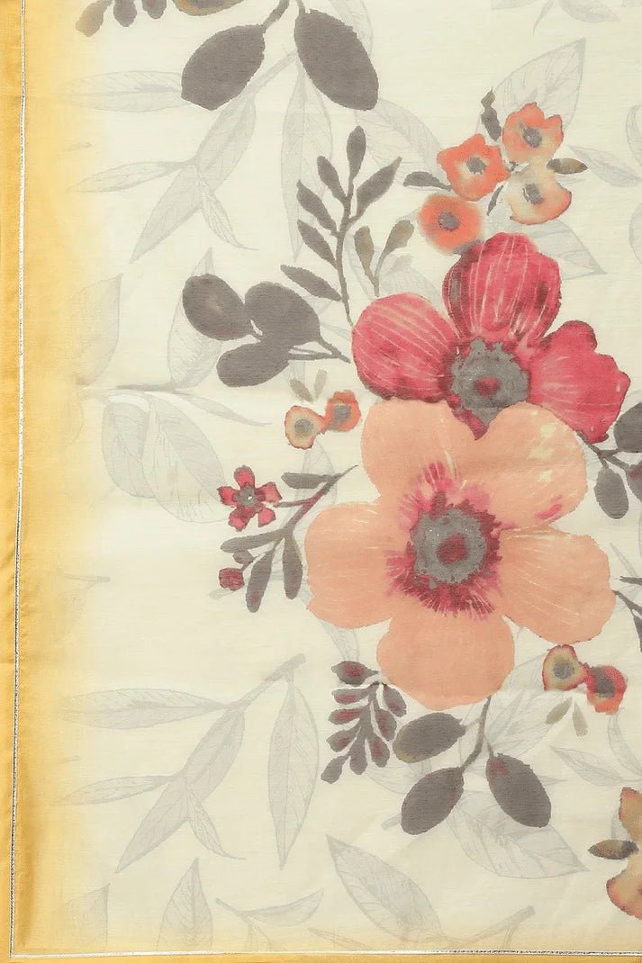 Yellow Printed Suit Set for Women with Hand Embroidery - Qurbat