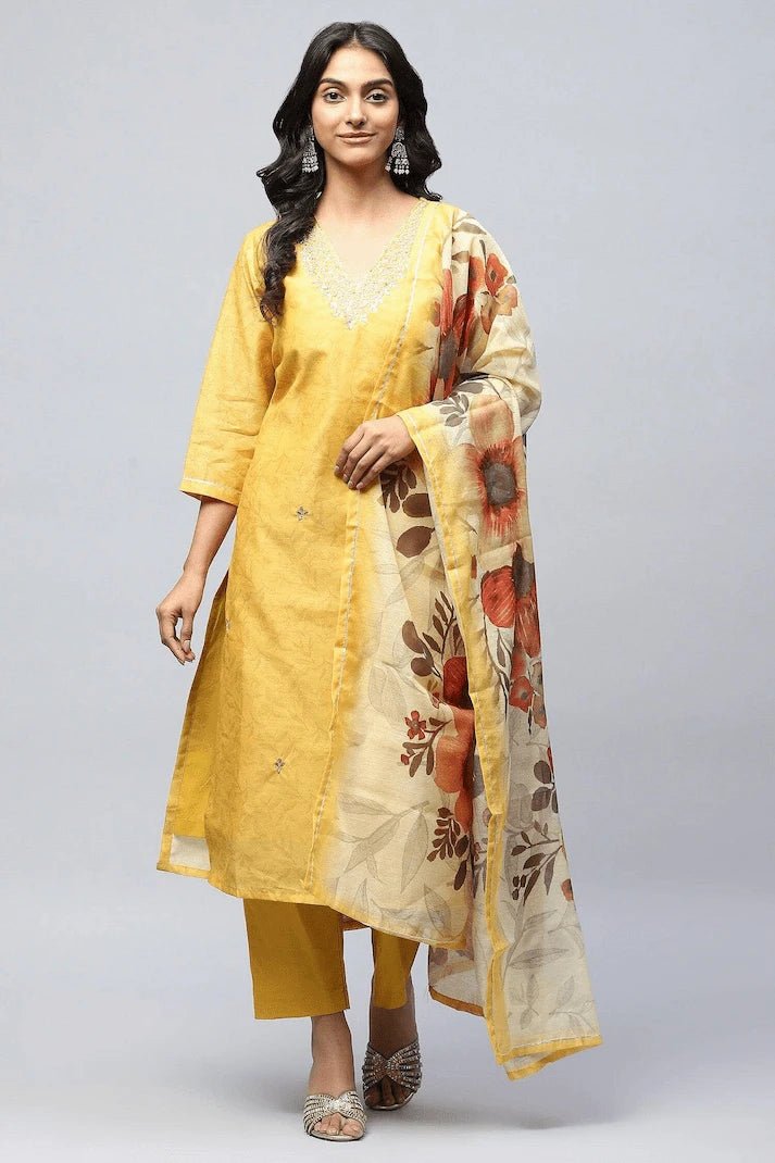 Yellow Printed Suit Set for Women with Hand Embroidery - Qurbat