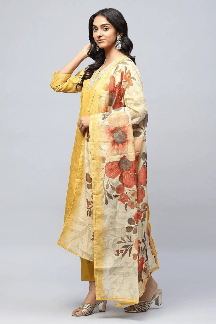 Yellow Printed Suit Set for Women with Hand Embroidery - Qurbat