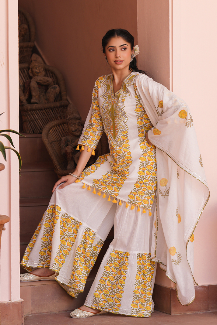 Yellow Floral Mirror Work Sharara Set
