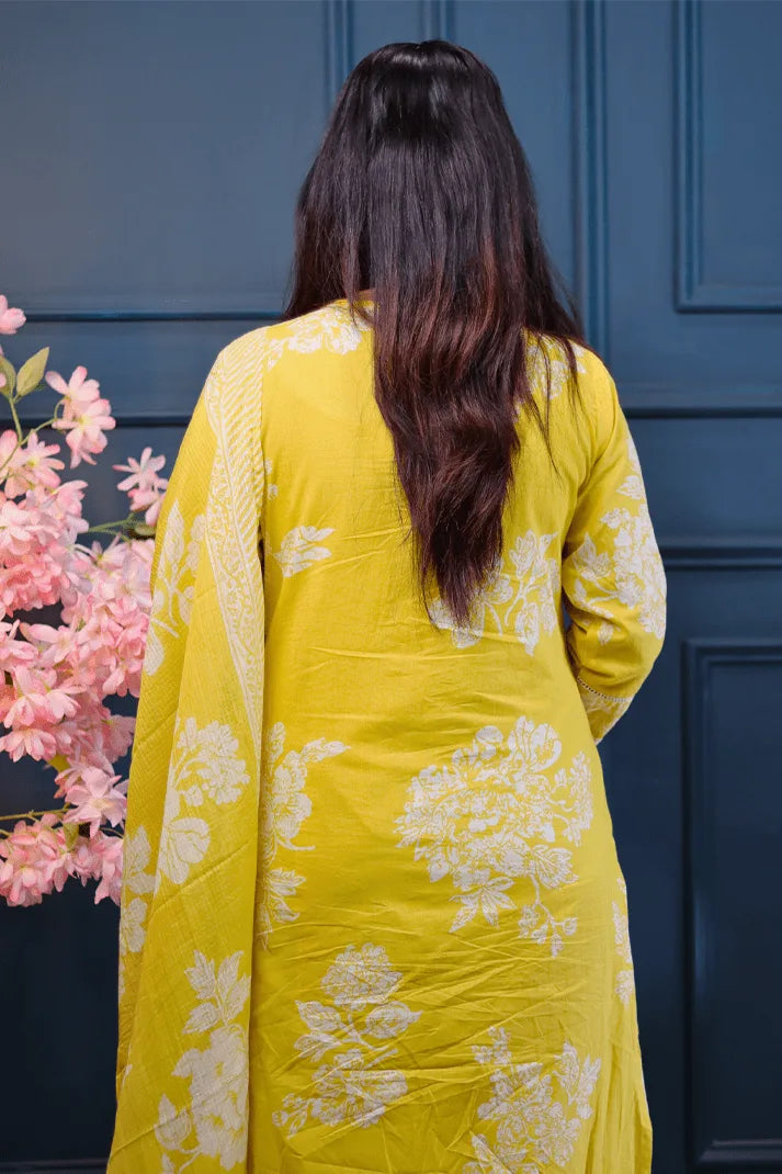 Sunshine Yellow Cotton Kurta Set with White Floral Print & Striped Dupatta β 3 Piece Summer Suit