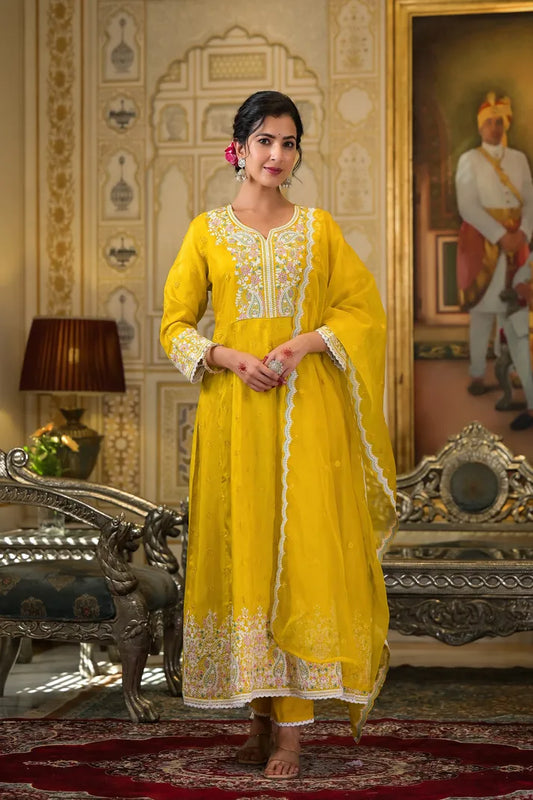 Golden Paisley Embroidered Anarkali Suit Set