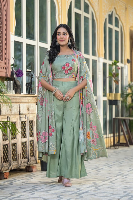 Sunshine Bloom Green Co-ord Set with Printed Cape