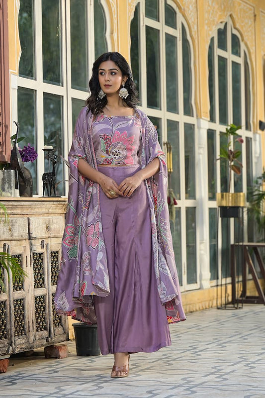 Sunshine Bloom Lavender Co-ord Set with Printed Cape