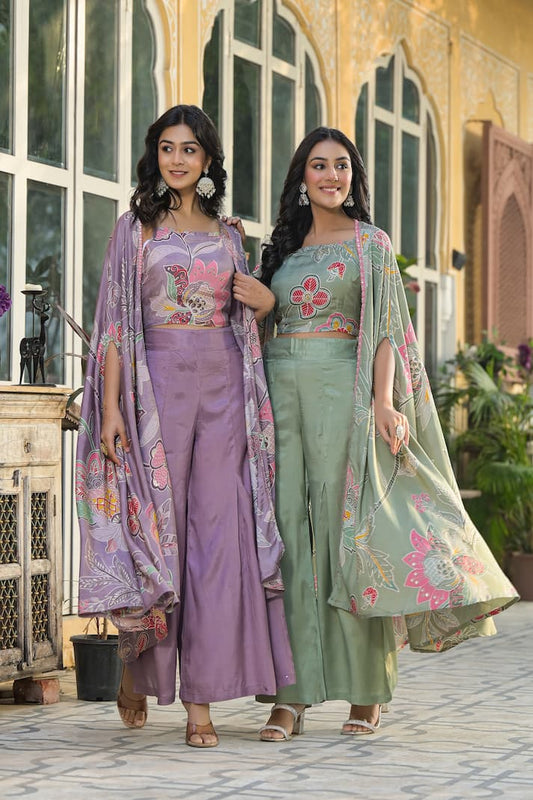 Sunshine Bloom Lavender Co-ord Set with Printed Cape