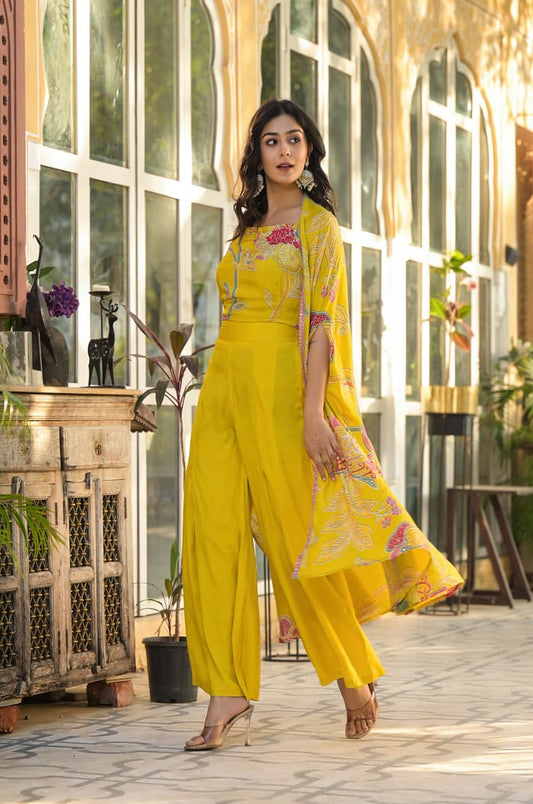 Sunshine Bloom Yellow Co-ord Set with Printed Cape