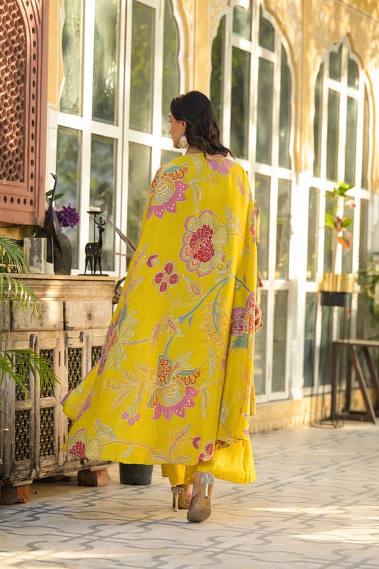 Sunshine Bloom Yellow Co-ord Set with Printed Cape