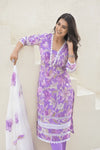 Lilac Blossom Cotton Kurta Set with Lace Detailing & Mulmul Dupatta – 3 Piece Summer Ensemble