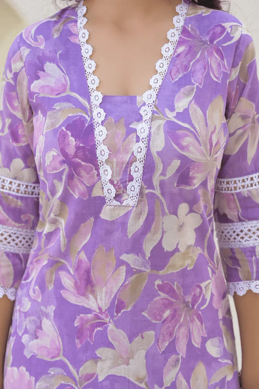 Lilac Blossom Cotton Kurta Set with Lace Detailing & Mulmul Dupatta – 3 Piece Summer Ensemble