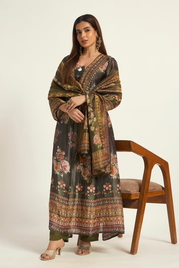 Green Chinone Floral Printed Kurta with Trousers & Dupatta Set