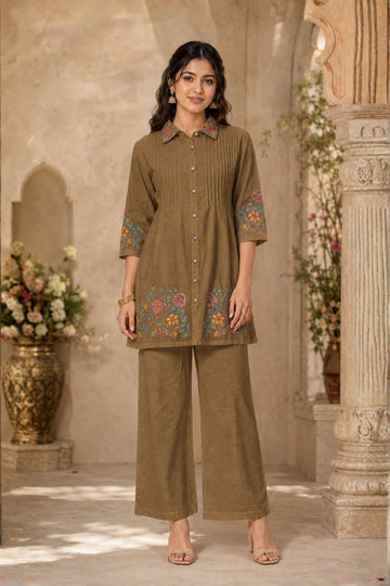 Women's Brown Floral Embroidered Shirt Collar Kurta with Palazzos Co-Ord Set