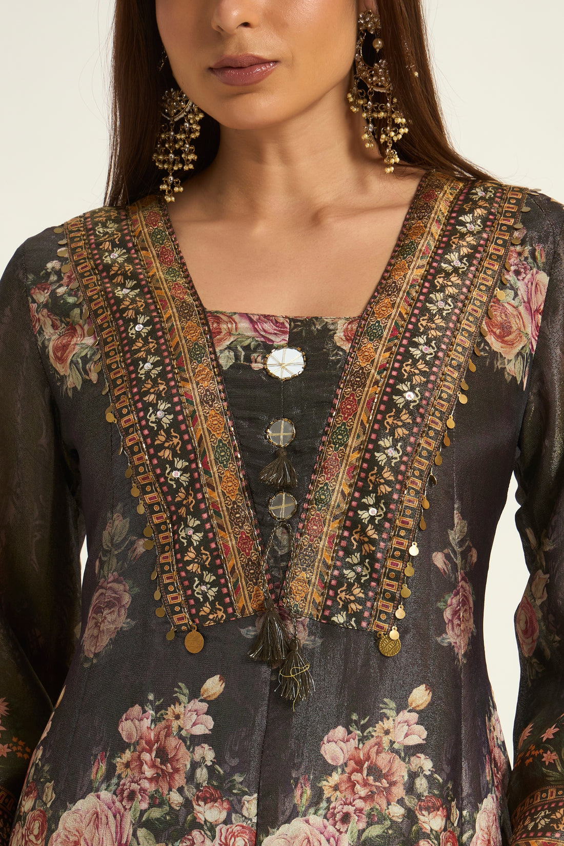 Green Chinone Floral Printed Kurta with Trousers & Dupatta Set