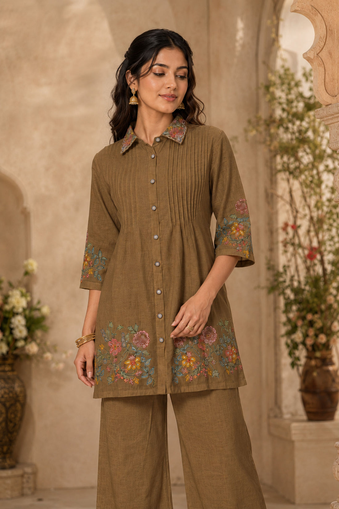 Women's Brown Floral Embroidered Shirt Collar Kurta with Palazzos Co-Ord Set