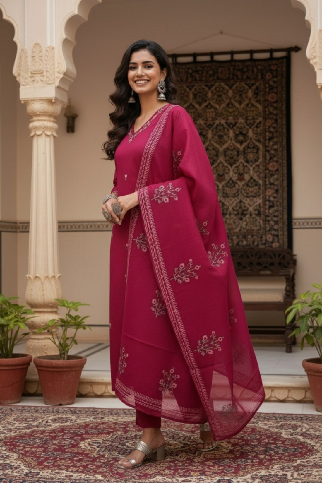 Elegant Pink Cotton Embroidered 3-Piece Suit Set