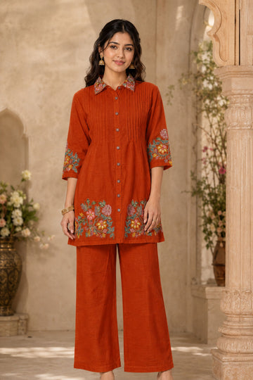 Women's Rust Floral Embroidered Shirt Collar Kurta with Palazzos Co-Ord Set