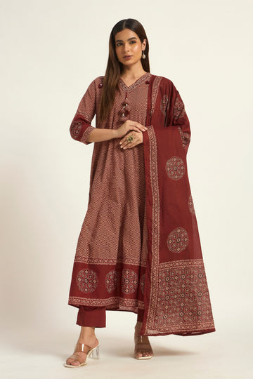 Anarkali Kurta with Maroon color and cotton fabric Geometric Printed V-Neck Anarkali Kurta with Straight Pant With Dupatta