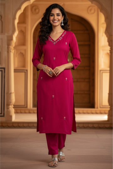 Elegant Pink Cotton Embroidered 3-Piece Suit Set