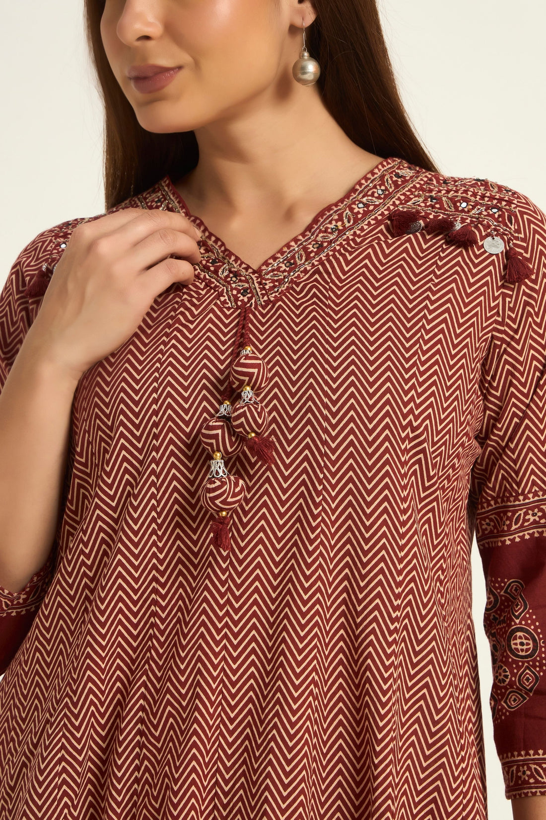 Anarkali Kurta with Maroon color and cotton fabric Geometric Printed V-Neck Anarkali Kurta with Straight Pant With Dupatta