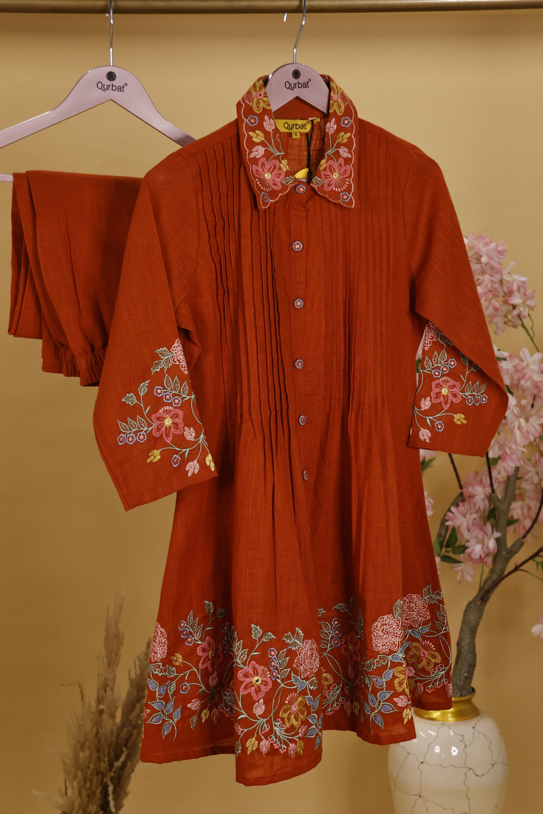 Women's Rust Floral Embroidered Shirt Collar Kurta with Palazzos Co-Ord Set
