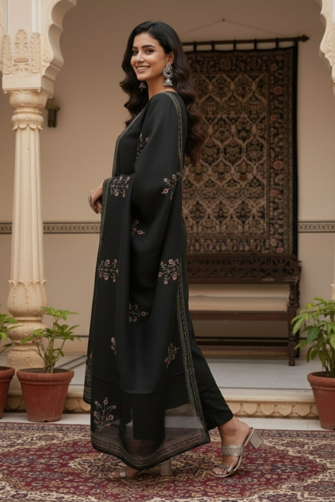 Elegant Black Cotton Embroidered 3-Piece Suit Set