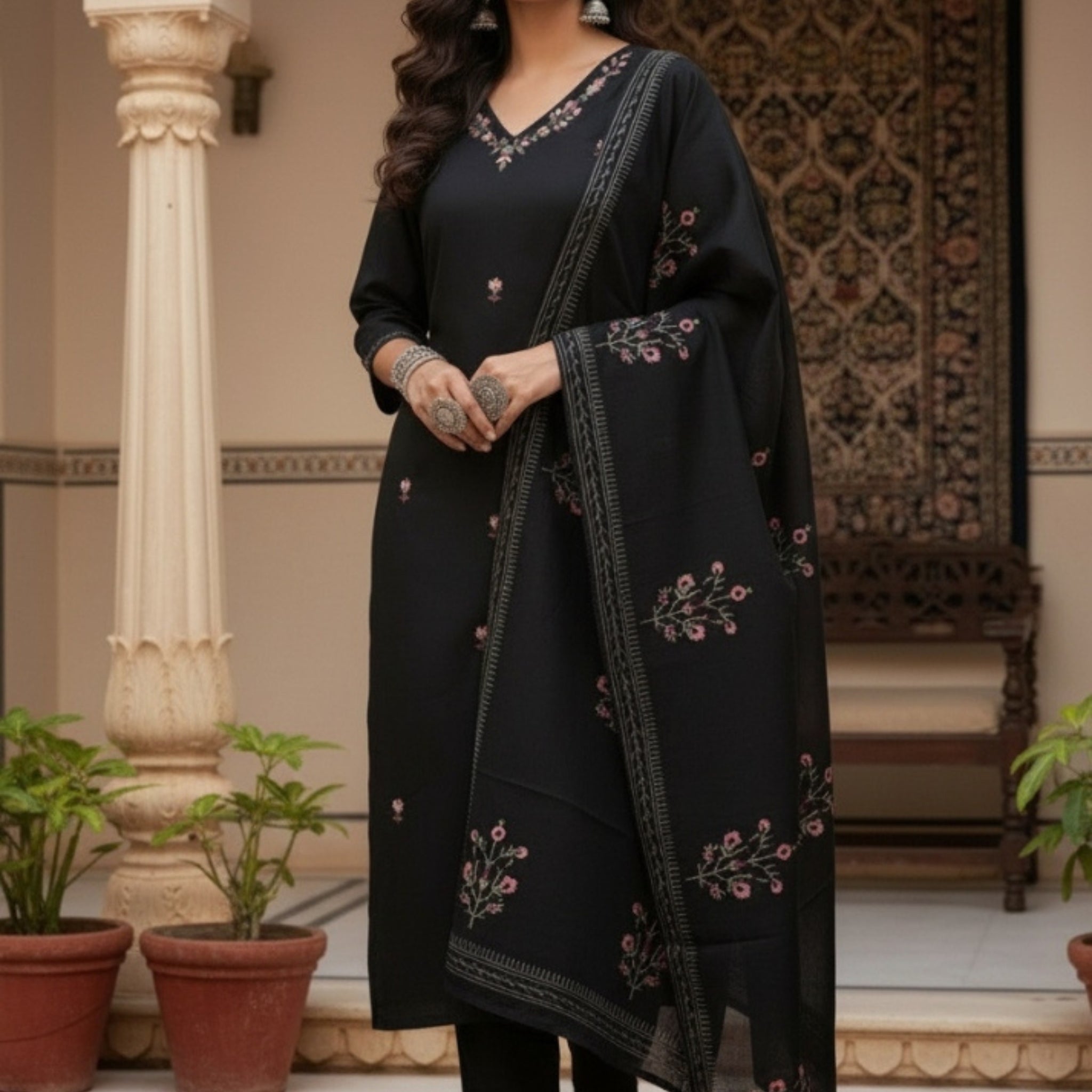 Elegant Black Cotton Embroidered 3-Piece Suit Set