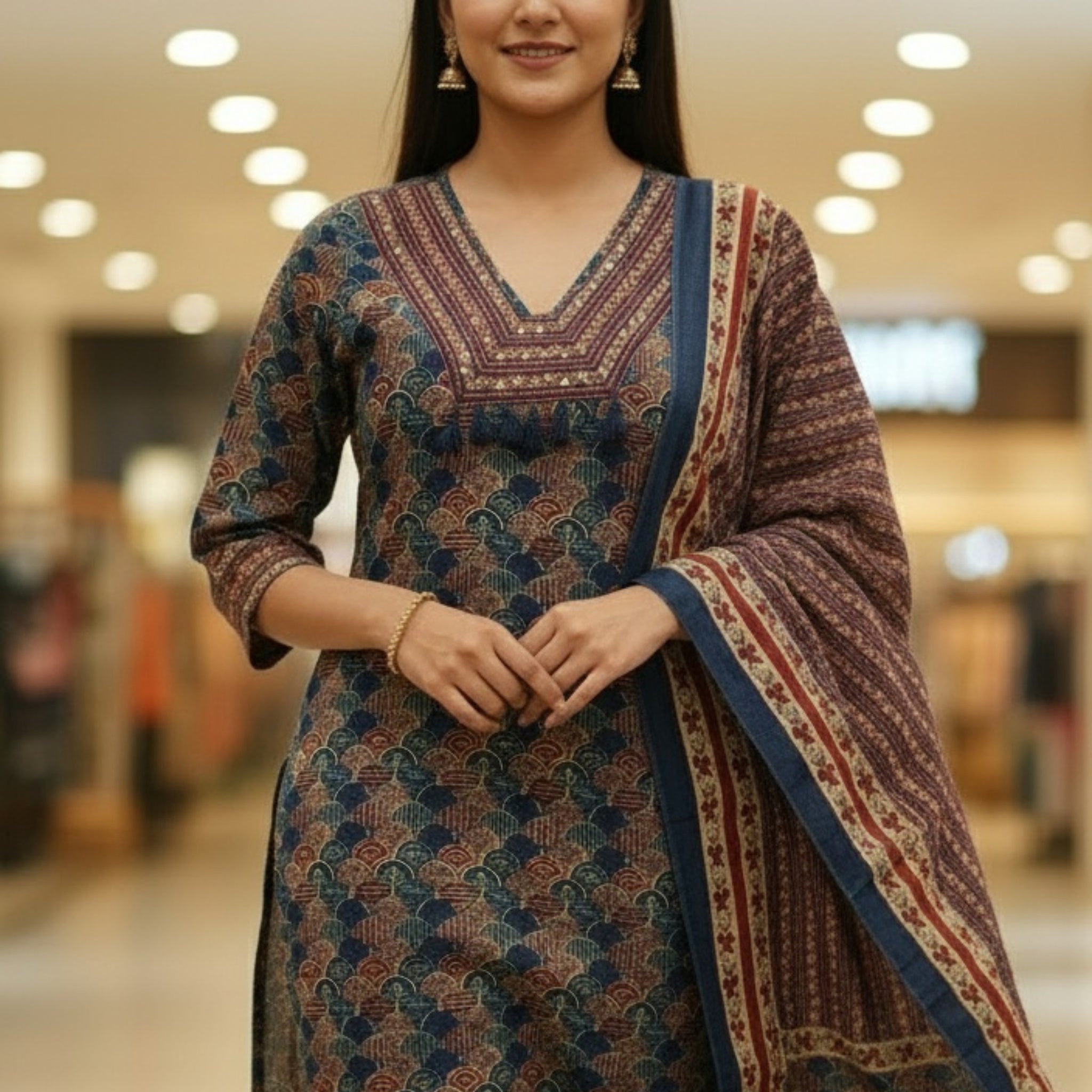 Multi Color Blue Ajrakh Print Cotton Kurta Pant Dupatta Set