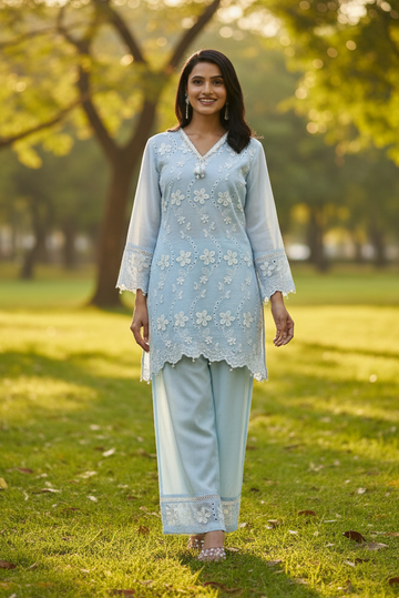 Women's Blue Floral Embroidered Kurta with Palazzos Co-Ord Set