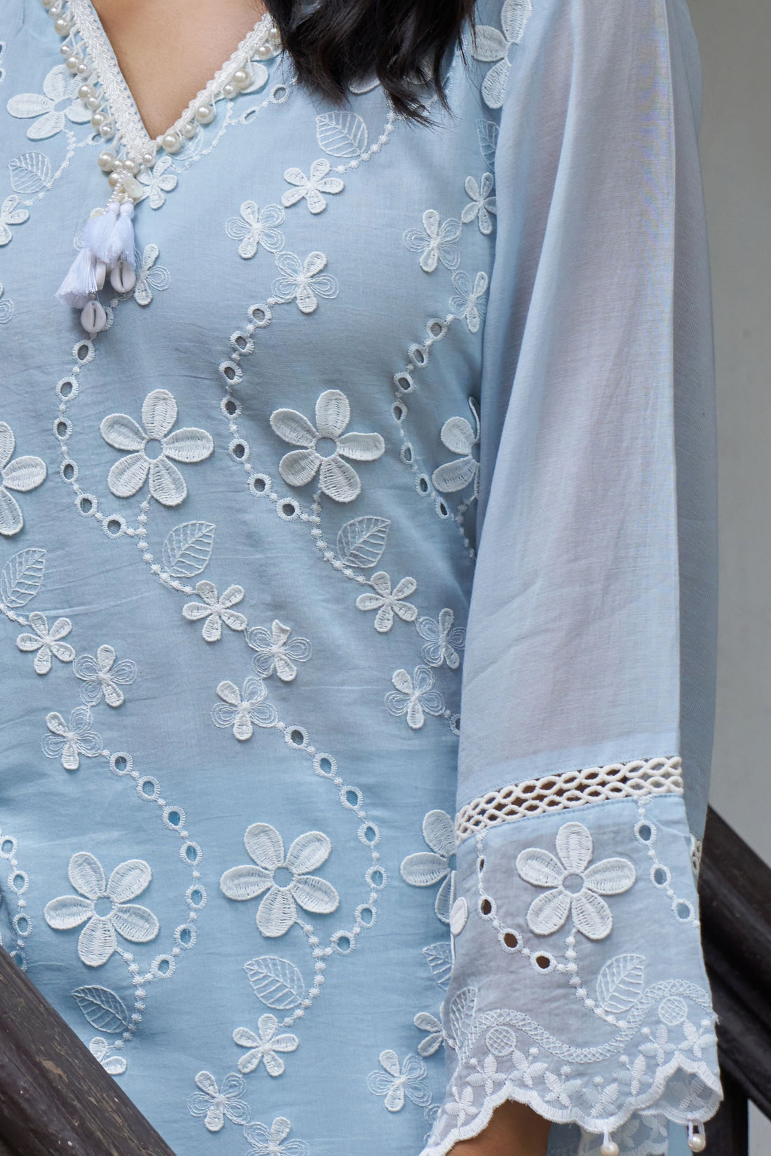 Women's Blue Floral Embroidered Kurta with Palazzos Co-Ord Set