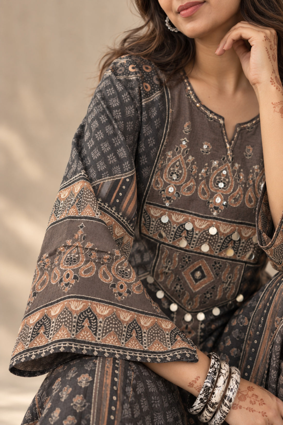 Black Ethnic Motifs Printed Crepe Kurta with Trousers