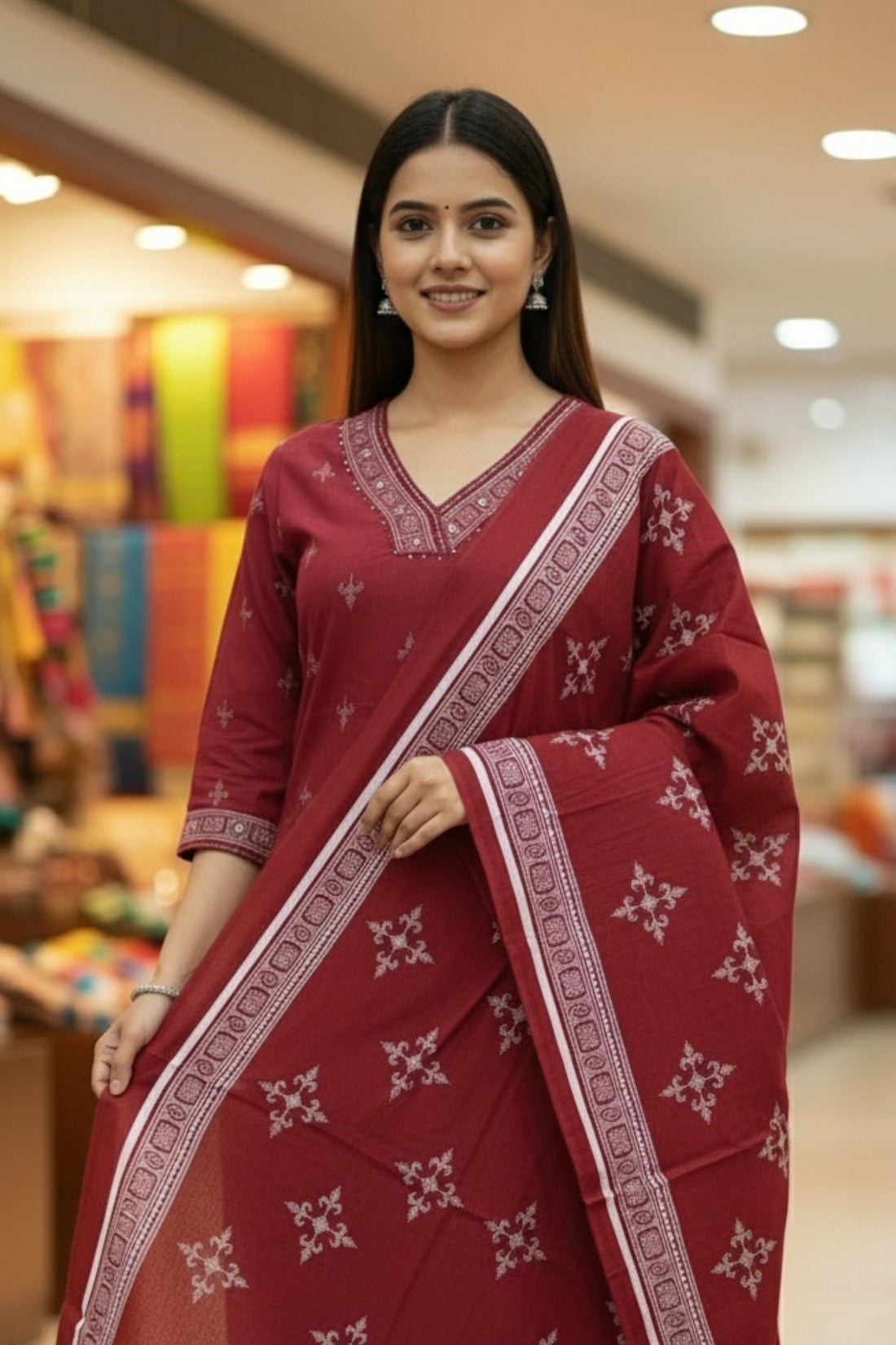 Vintage-Inspired Maroon Kurta Dupatta Set with Minimal Motifs