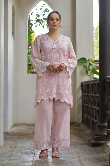 Women's Pink Floral Embroidered Kurta with Palazzos Co-Ord Set
