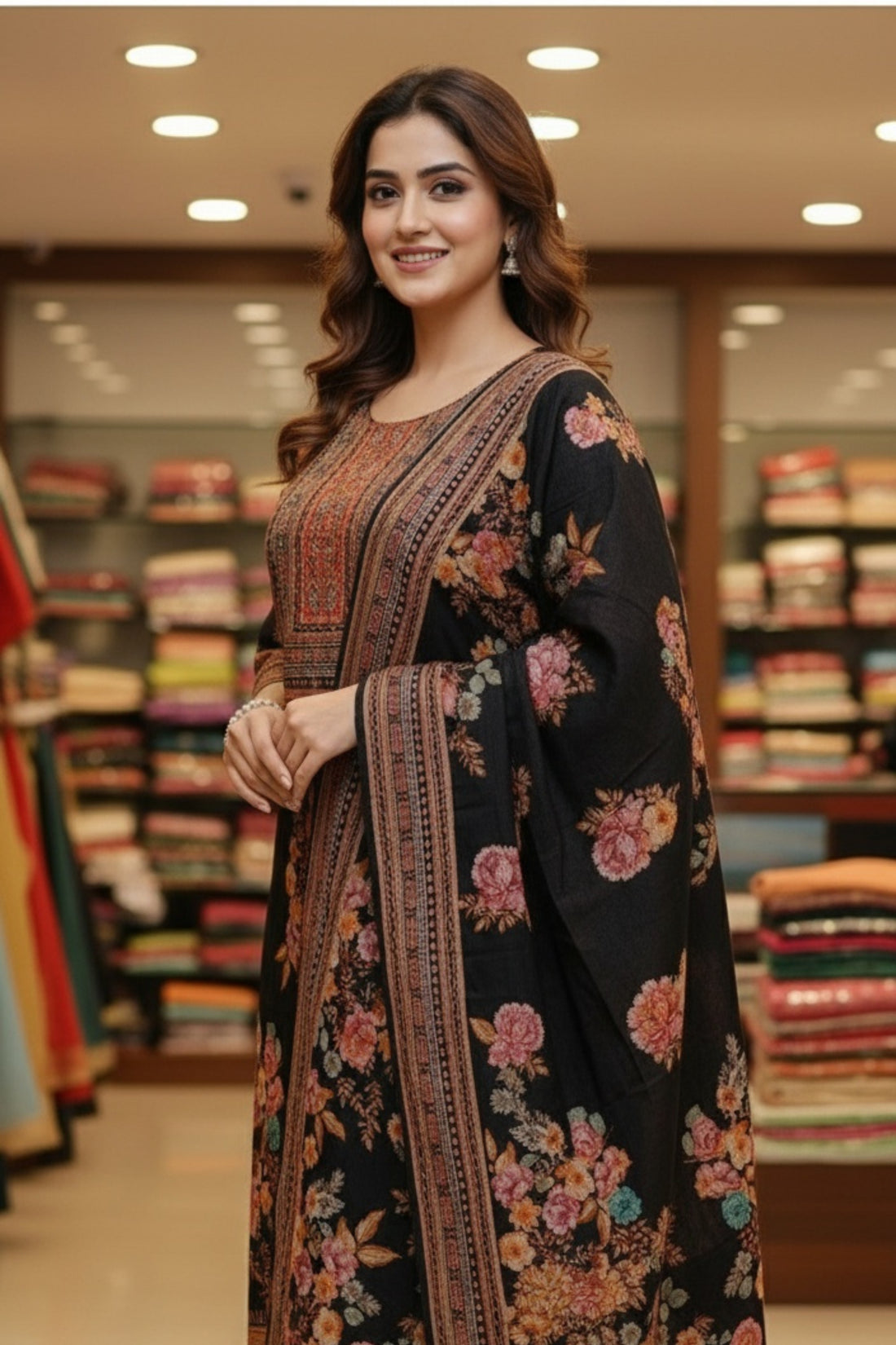 Black Floral Printed Ethnic Suit Set with Dupatta